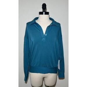 STATESIDE Teal Green Collared Long Sleeve Fleece Top Shirt Pullover Womens XS